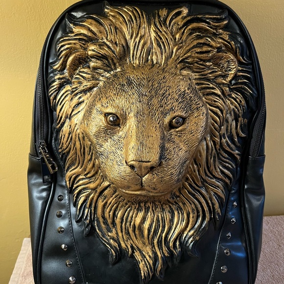 3 D Black & Gold Lion Backpack Faux Vegan Leather Book Bag Computer Laptop